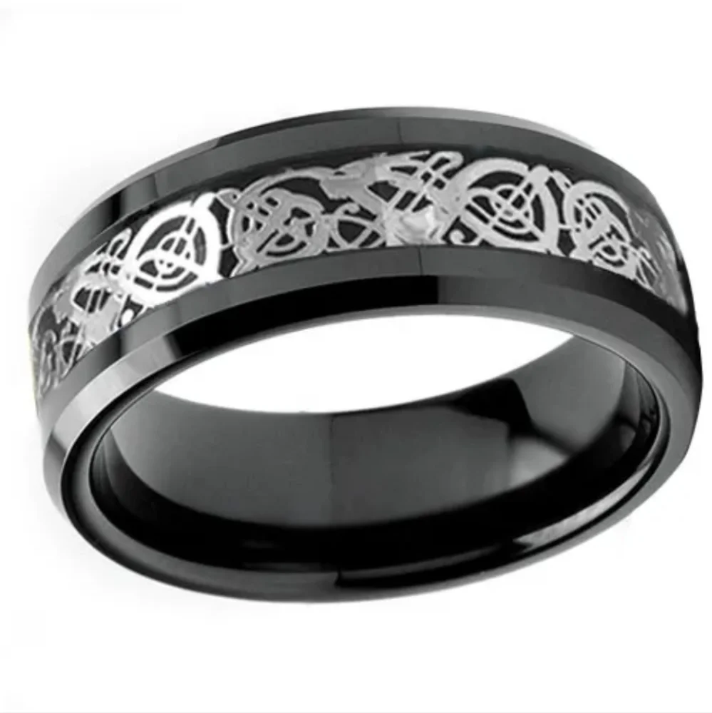 Silver Tungsten Black Dragon Carbon Fiber Inlay 8mm Wide Beveled Edge Band Ring